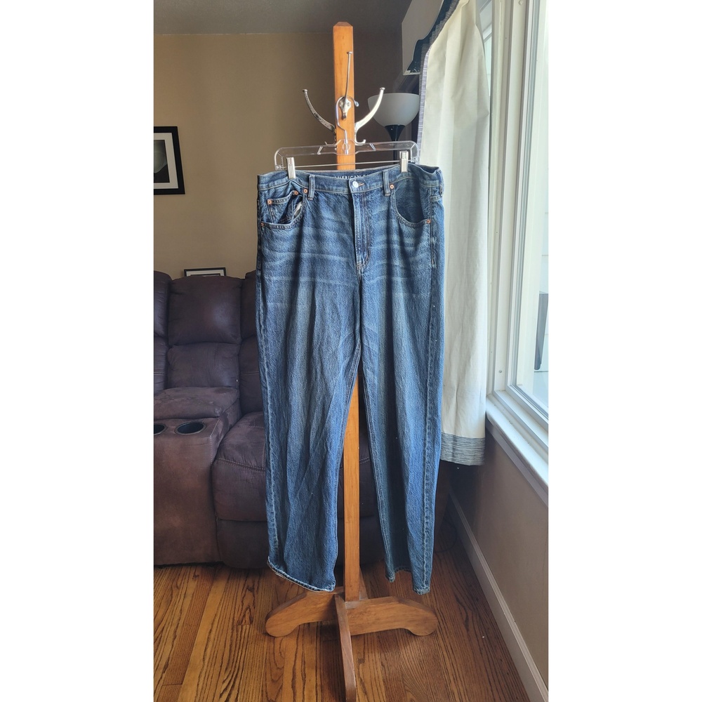 American Eagle Jeans Womens Size 16 Blue Denim Low Rise Baggy Straight Frayed He